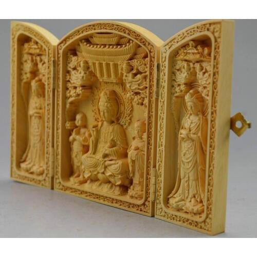 Decorated 100% Boxwood High Difficulty Carved Folding Box Kwan-yin Buddha Statue home decoration