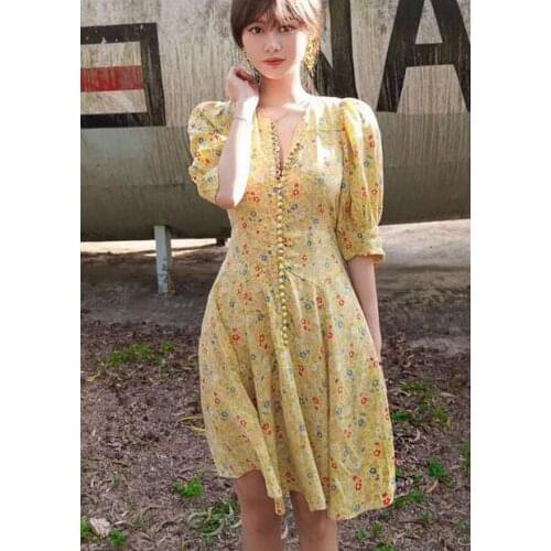 Elfbop Ladies Silk Yellow Floral Printed Button Front Short Dress