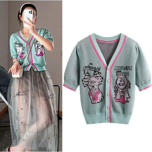 Short-sleeved cardigan knit summer shiny cartoon dog top sweater casual fashion college wind knit young ladies top NS579