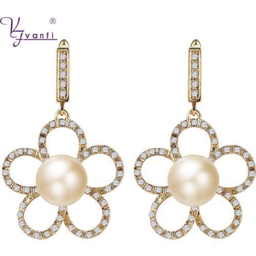 Kfvanfi Rhinestone Gold Flower Pearl Earrings Dangle Women Party Fashion Jewelry Drop Earrings