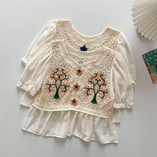 Summer new style Korean retro embroidery puff sleeve chiffon shirt
