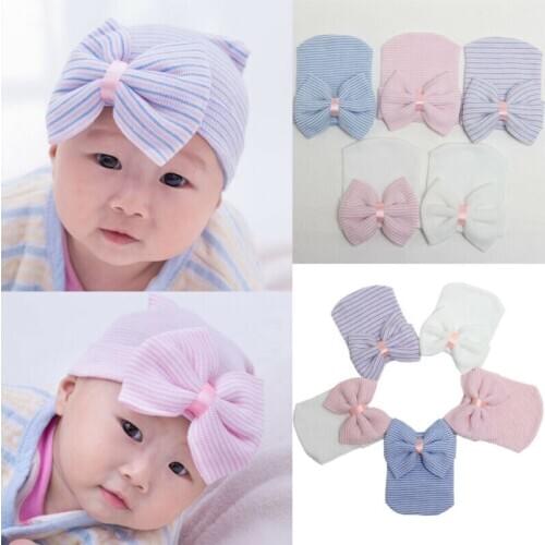 Adorable Newborn Baby Winter Warm Hats Toddler Baby Infant Girl Comfy Big Bowknot Hospital Caps Knit Warm Beanie Hat Accessories