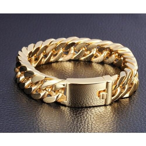 14mm Heavy Charming Gold Tone Mens Biker Link Jewelry 316L Titanium Stainless Steel Curb Cuban Chain Bracelet Bangle 19-21.5cm