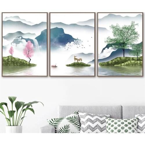 Pink Tree Foggy Mountain Deer Animal Lake Forest Seascape Wall Art Canvas Painting Poster Print Wall Pictures Living Room Decor