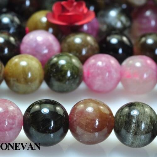 ONEVAN Natural Mixed Colorful Tourmaline Beads 6mm Smooth Round Stone Bracelet Necklace Jewelry Making Diy Accessories Design