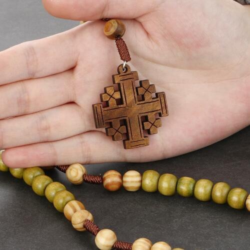 Mother Religious Antique Wooden Jerusalem Cross Pendants Necklace Rosary Beads Necklace for Women Statement Jewelry NC174