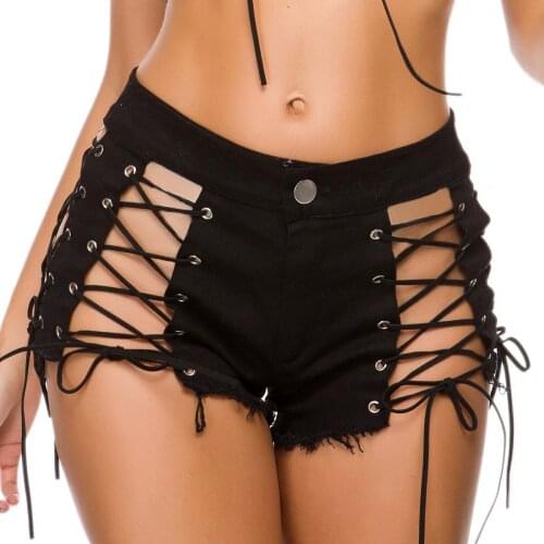 High waist Sexy Womens jeans denim shorts Summer denim cotton Bandage hollow Splicing Ladies Skinny Sexy super short jeans