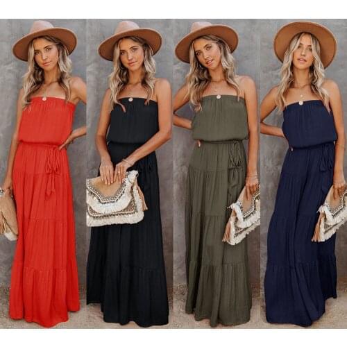 Dress Women Sexy Backless Patchwork Long Dresses Slash Neck Solid Color Strapless Beach Style Casual C2411