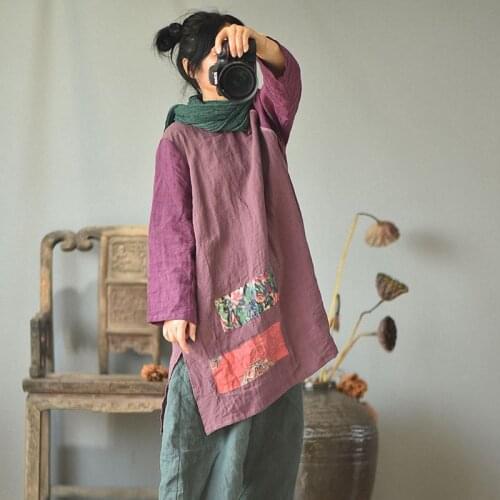 QPFJQD Ladies Loose Patchwork Linen Long Blouse Tops Flax Spliced Female 2021 Autumn Spring Retro Pullover Shirts Full Sleeve