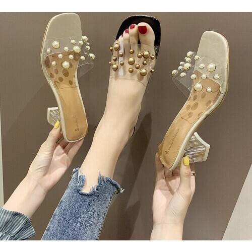 Transparent Crystal Slippers Female 2020 New Summer Solid Clear Rivet Pearl Fashion Thick High Heels Slippers Women Shoes Woman