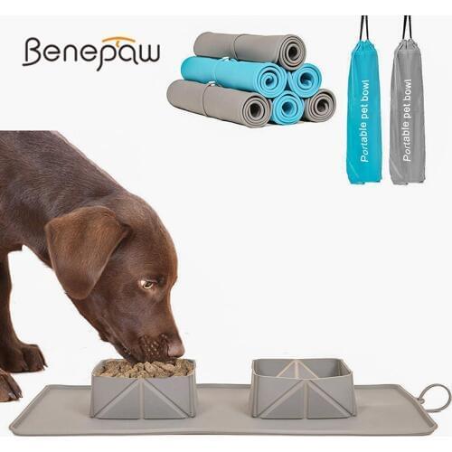 Benepaw Collapsible Dog Double Bowls With Antislip Mat Portable Nontoxic Silicone Puppy Travel Bowl For Small Medium Large Dogs