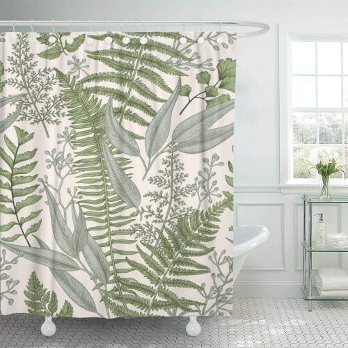 Fabric Shower Curtain with Hooks Green Fern Floral Pattern in Vintage Style Leaves and Plants Botanical Classic Drawing