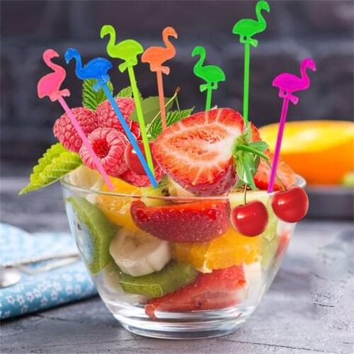 50pcs Outdoor Camping Tableware Fruit Forks Travel Party Picnic Cocktail Dessert Flamingo Fruit Needle Forks Toothpick Skewer