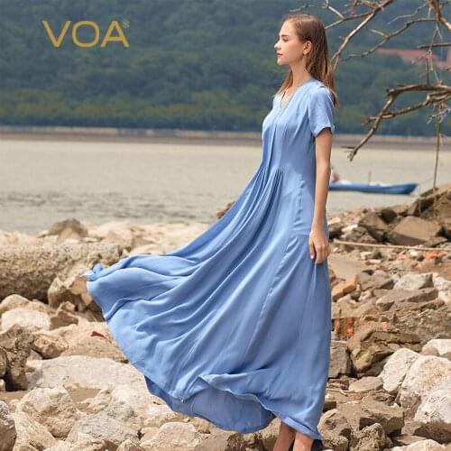 VOA 30m/m Heavy Bamboo Moon Blue V-neck Invisible Side Pull Fold To Make Old Craft Collision Splicing Summer Dress Silk AE1001