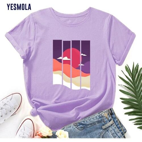 YESMOLA Evening Sunset Print Casual Round Neck Short Sleeve T-shirt Summer Women Short Sleeve Cotton Harajuku T-shirts
