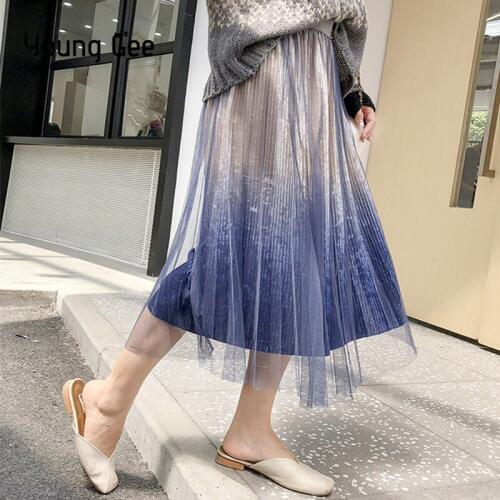 Young Gee Gradient Colors Velvet Tulle Skirts Women Fashion 2019 Autumn Spring High Waist Female Elegant Pleated Skirt faldas