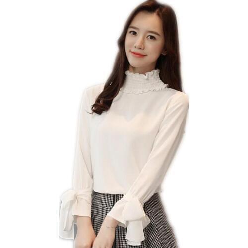 Sweet Lace Turtleneck Women Chiffon 2019 New Blouses Long Sleeve Fashion Bow Spring Autumn Women Blouses OL Chiffon Shirts Q018