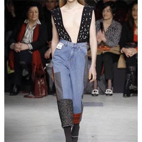 Women Overalls 2021 New Runway Beads Wide Leg Jeans Stitching Ankle Length Loose Denim Pants High Waist Mom Jeans Chic Trousers