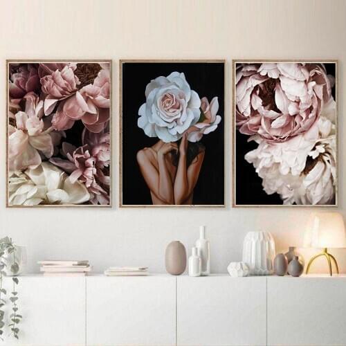Flower Head Women Peony Posters and Prints Nordic Figure Canvas Painting Girls Wall Art Flower Picture for Living Room Bedroom