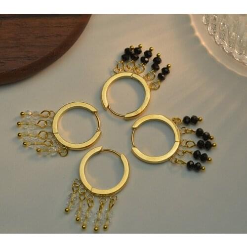 ALLNEWME 2021 Summer Clear Black Beads Hook Earrings for Women Gold Color Beading Titanium Steel Hoop Earrings Bohemia Jewelry