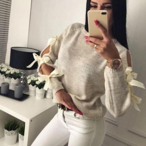 Women Sweater Bow Hollow Out Sweater Long Sleeve Warm Sweater Pullover Knitting Bow Loose O-Neck Tops Knitwear Jumper Pull Femme