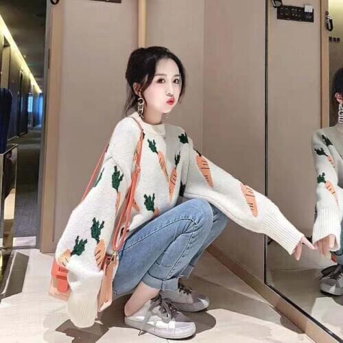 Women Knitted Sweater Carrot Pattern Long Sleeve Pullover Loose Sweater Jumper Autumn Winter