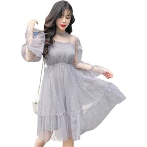 New Womens Summer Dress Sweet Ruffles Sequin Women Dresses Elegant Mesh Female Dress Flare Sleeve Hollow out Ladies Dress T41