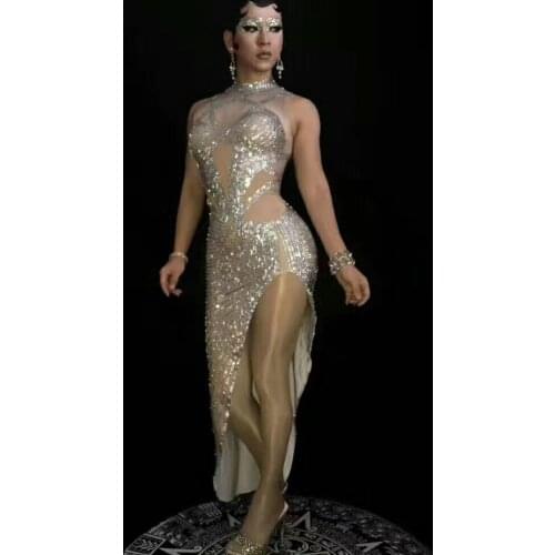 Sparkly Diamonds Women High Slit Dress Fur Coat Two Pieces Set Nightclub DJ Singer Performance Stage Costume Evening Prom Outfit