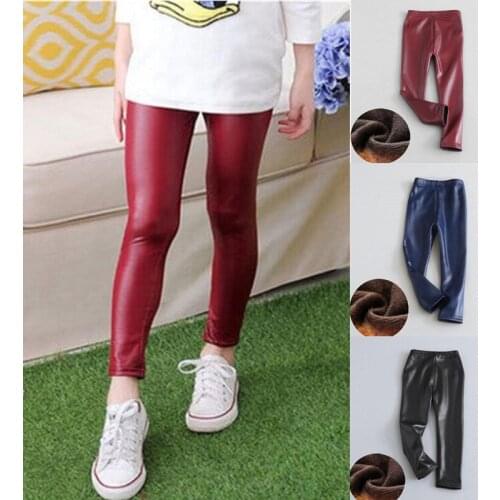 Winter Kids Warm Trousers Girls Boys Faux Pu Leather Pants Slim Girls Leggings 100-150