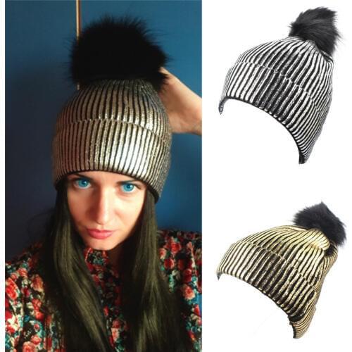 Winter Women Bronzed Pinstripe Knit Hat Skullies Beanies Low-key Gorgeous Female Keep Warm Womens Cap Outdoor Model Caps W013