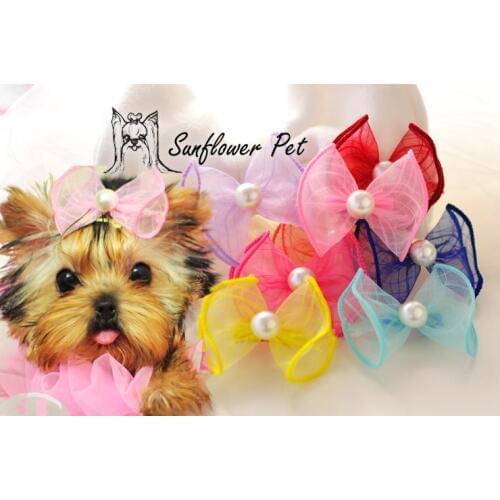 Pet Grooming Accessories Pet Cats Dog Bow Hairpin HeaddressClips Net yarn pearl bows 20PCS/LOT
