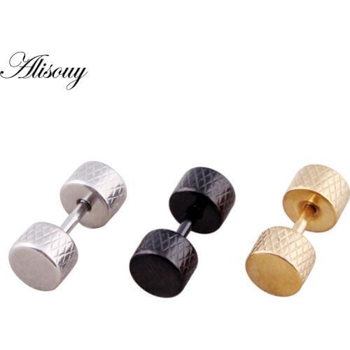 Alisouy 1 pair Hiphop Mens stud earrings ear plugs for men women stainless steel 6 mm Steel Black gold color earrings