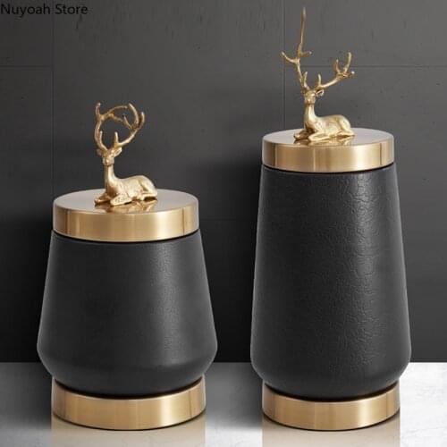 European Style Light Luxury Pure Copper Deer Storage Jar Ornaments with Lid Storage Box Living Room Home Decoration Accessories