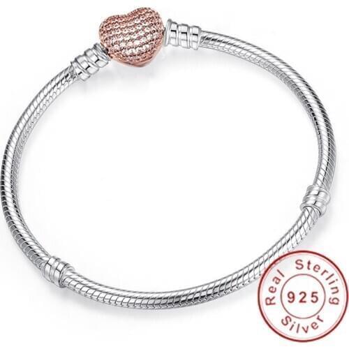 18K Rose Gold Bracelet Original 925 Sterling Silver Secure Heart Clasp Beads Bangles Bracelets for Women men Charm DIY Jewelry