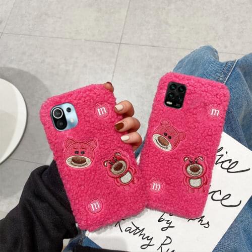 For Xiaomi Mi Poco X3 NFC F2 Pro F1 Note 10 Lite 10T 9T Pro 9SE 9 8 6 5 5C 4C Cartoon Rose Red Bear Plush Fur TPU Soft Case Capa