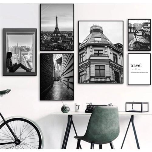 Black And White Women Window Scenery Poster Eiffel Tower Art Prnt Architecture Canvas Painting Nordic Pictures Living Room Decor