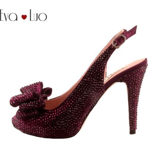 CHS725 Custom Made Purple Rhinestones Crystal Slingbacks Bow Women Shoes High Heels Dress Pumps Bridal Wedding Shoes Big Size