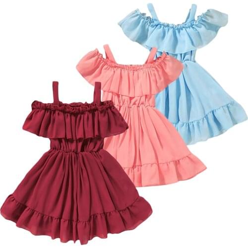 Kids Baby Girls Dress Summer Children Solid Color Off Shoulder Short Sleeve Ruffle Dresss Sundress Casual Kids Clothes Outfits