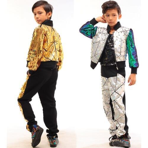 Jazz Costume Boys Laser Rivet Leather Jacket Pants Street Dance Clothing Kids Hip Hop Dance Wear Stage Performance Set DNV11072