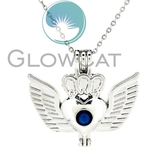 Fairy Wings Heart Crown Beads Cage Locket Pendant Perfume Diffuser Pearl Cage Necklace KK1015