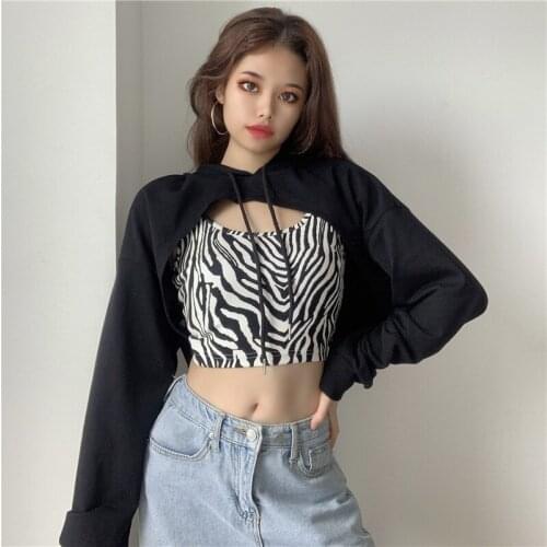 Two-piece Set Hooded Blouse and Vest Streetwear Retro Casual Short Sweatshirt+zebra Print Tank Tops Suit Winter Clothes Women