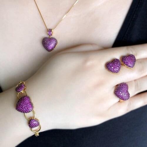 Fashion Cubic Zircon Wedding Jewelry Set For Women Gold Color Chain Heart Necklace Earring Bracelet Ring Bridal 4Pcs Party Sets