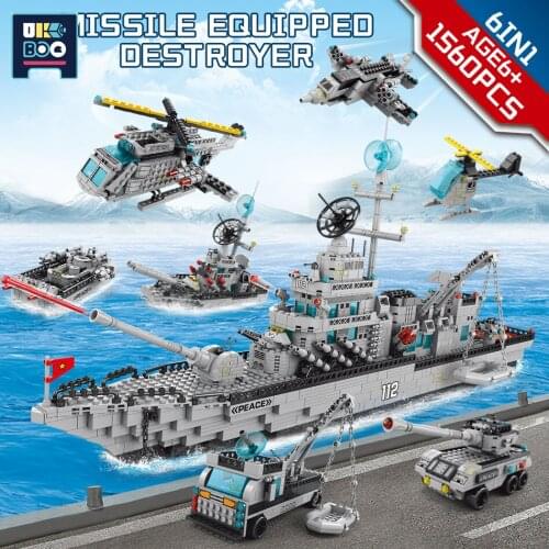 UKBOO 1560Pcs 6IN1 Missile Equipped Destroyer Military Model Bricks Army Warship Building Blocks Sets Educational Children Toys