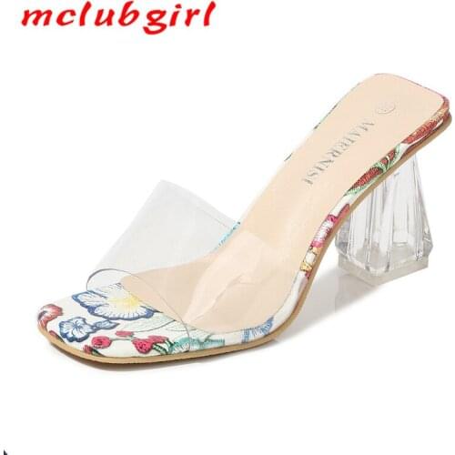 Mclubgirl 2020 Partry Sexy Crytal Square Heels Large Size Sandals Womens Womens Shoes High-heeled Shoes Sandals WZ