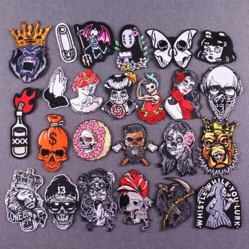 Punk Diy Embroidery Patches For Clothing Stripe Skull Embroidered Patches For Clothes Appliques For T-shirt Jacket Lion Patch