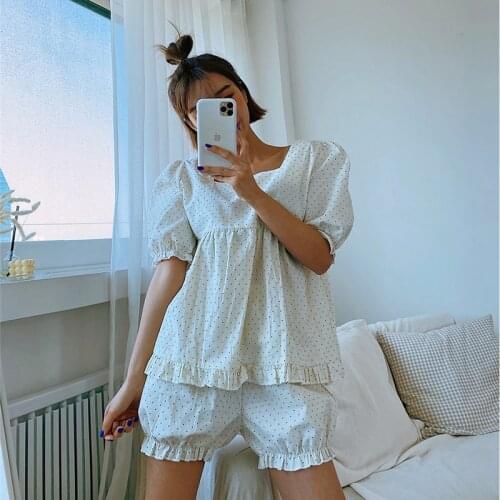 Korean Dot Print Pajamas Set Women Square Collar Loose Puff Sleeve Soft Cotton Home Suit Shorts Set Two Piece Ruffles Oversized