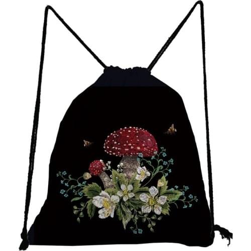 Floral Mushroom Printed Backpack Child Mini Drawstring Bag Teenager Bookbag Black Shoe Storage Bag Swim Soft Back Bag Wholesale