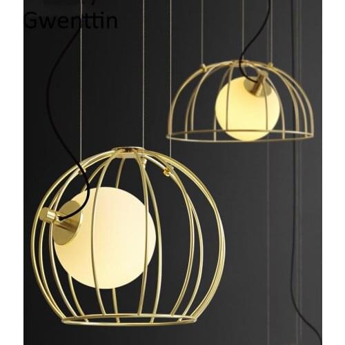 Modern Gold Cage Pendant Lights Glass Ball Led Hanging Lamp for Living Room Kitchen Loft Industrial Home Decor Light Fixtures