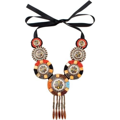 Vintage Tibetan Antique Wood Bead Tassel Pendant Necklace for Women Florate Brand Colorful Enamel Big Statement Choker Jewelry
