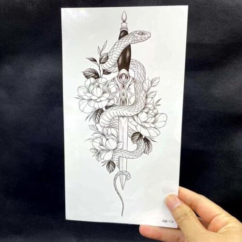 Black Snake With Sword Flower Fake Tattoo Stickers For Men Women Waist Body Wrist Leg Temporary Tattos Waterproof Tatoos